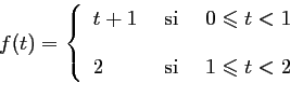 \begin{displaymath}
f(t)=\left\{
\begin{array}{lll}
t+1 & \text{ si } & 0\leqsla...
...\ [0.4cm]
2 & \text{ si } & 1\leqslant t <2
\end{array}\right.\end{displaymath}
