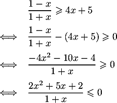 \[\begin{array}{ll}
  &\dfrac{1-x}{1+x}\geqslant4x+5\\[1em]
  \iff&\dfrac{1-x}{1+x}-(4x+5)\geqslant0\\[1em]
  \iff&\dfrac{-4x^2-10x-4}{1+x}\geqslant0\\[1em]
  \iff&\dfrac{2x^2+5x+2}{1+x}\leqslant0\enar\]