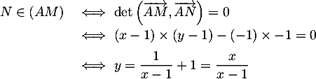 \[\begin{array}{ll}N\in(AM)&\iff\det\lp\overrightarrow{AM},\overrightarrow{AN}\right) = 0\\[.5em]
    &\iff (x-1)\tm(y-1)-(-1)\tm-1=0\\[.5em]
    &\iff y=\dfrac{1}{x-1}+1=\dfrac{x}{x-1}\enar\]