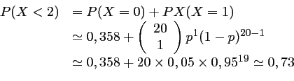 \begin{displaymath}\begin{array}{ll}
P(X<2)
&=P(X=0)+PX(X=1) \\
&\simeq 0,35...
... 0,358+20\times 0,05\times 0,95^{19}
\simeq 0,73
\end{array} \end{displaymath}