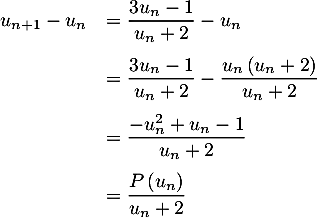 \[\begin{array}{ll}u_{n+1}-u_n&=\dfrac{3u_n-1}{u_n+2}-u_n\\[1.2em]
    &=\dfrac{3u_n-1}{u_n+2}-\dfrac{u_n\left( u_n+2\right)}{u_n+2}\\[1.2em]
    &=\dfrac{-u_n^2+u_n-1}{u_n+2}\\[1.2em]
    &=\dfrac{P\left( u_n\right)}{u_n+2}\enar\]