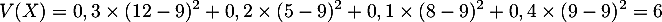 \[
V(X)=0,3\tm(12-9)^2+0,2\tm(5-9)^2+0,1\tm(8-9)^2+0,4\tm(9-9)^2 = 6
\]