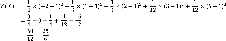 \[\begin{array}{ll}V(X)&=
  \dfrac14\tm(-2-1)^2+\dfrac13\tm(1-1)^2+\dfrac14\tm(2-1)^2+\dfrac1{12}\tm(3-1)^2+\dfrac1{12}\tm(5-1)^2\\[.8em]
  &=\dfrac{9}{4}+0+\dfrac{1}{4}+\dfrac{4}{12}+\dfrac{16}{12}\\[.8em]
  &=\dfrac{50}{12}=\dfrac{25}{6}
  \enar\]