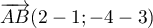 $\overrightarrow{AB}(2-1;-4-3)$