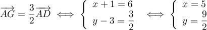 $\overrightarrow{AG}=\dfrac32\overrightarrow{AD}\iff\la\begin{array}{l}x+1=6\\y-3=\dfrac32\enar\right.
    \iff\la\begin{array}{l}x=5\\y=\dfrac92\enar\right.$