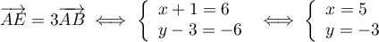 $\overrightarrow{AE}=3\overrightarrow{AB}\iff\la\begin{array}{l}x+1=6\\y-3=-6\enar\right.
    \iff\la\begin{array}{l}x=5\\y=-3\enar\right.$