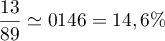 $\dfrac{13}{89}\simeq 0146=14,6\%$