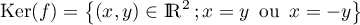 $\text{Ker}(f)=\bigl\{(x,y)\in\R^2\,; x=y\,\text{ ou }\,x=-y\bigr\}$