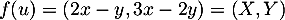 $f(u)=(2x-y,3x-2y)=(X,Y)$