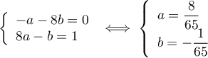 $\la\begin{array}{l}-a-8b=0\\8a-b=1\enar\right.
\iff
\la\begin{array}{l}a=\dfrac{8}{65}\\b=-\dfrac{1}{65}\enar\right.$