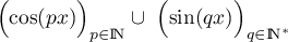 $\Bigl(\cos(px)\Bigr)_{p\in\N}\cup\ \Bigl(\sin(qx)\Bigr)_{q\in\N^*}$