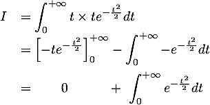 \[\begin{array}{ll}
  I&=\dsp\int_0^{+\infty}t\times te^{-\frac{t^2}2}dt\\
  &=\dsp\left[ -te^{-\frac{t^2}2}\rb_0^{+\infty}-\int_0^{+\infty}-e^{-\frac{t^2}2}dt\\[1em]
  &= \qquad 0\hspace{3em}+ \ \dsp\int_0^{+\infty}e^{-\frac{t^2}2}dt
  \enar\]