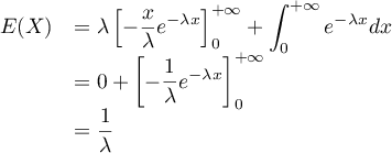 \[\begin{array}{ll}E(X)&=\dsp\lambda\lb-\dfrac{x}\lambda e^{-\lambda x}\rb_0^{+\infty}
  +\int_0^{+\infty}e^{-\lambda x}dx\\
  &=0+\lb-\dfrac1\lambda e^{-\lambda x}\rb_0^{+\infty}\\
  &=\dfrac1\lambda\enar\]