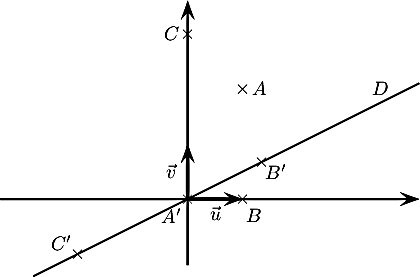 \[\psset{unit=1cm,arrowsize=7pt}
  \begin{pspicture}(-4,-1.5)(4,3.5)
    \psline[linewidth=1.pt]{->}(-3.4,0)(4.2,0)
    \psline[linewidth=1.pt]{->}(0,-1.2)(0,3.6)
    \psline[linewidth=1.8pt]{->}(0,0)(0,1)\rput(-0.3,0.5){$\vec{v}$}
    \psline[linewidth=1.8pt]{->}(0,0)(1,0)\rput(0.5,-0.25){$\vec{u}$}
    \rput(1,2){$\tm$}\rput(1.3,2){$A$}
    \rput(1,0){$\tm$}\rput(1.2,-0.3){$B$}
    \rput(0,3){$\tm$}\rput(-0.3,3){$C$}
    \rput(0,0){$\tm$}\rput(-.3,-0.3){$A'$}
    \rput(1.3333,0.66666){$\tm$}\rput(1.6,0.5){$B'$}
    \rput(-2,-1){$\tm$}\rput(-2.3,-0.8){$C'$}
    \psplot{-2.8}{4.2}{0.5 x mul}\rput(3.5,2){$D$}
  \end{pspicture}\]