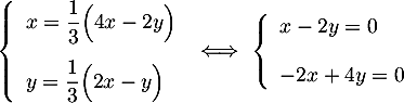 $\la\begin{array}{ll}
  x=\dfrac13\Bigl( 4x-2y\Bigr)\\[0.4cm]
  y=\dfrac13\Bigl( 2x-y\Bigr)\enar\right.
  \iff
  \la\begin{array}{ll}
  x-2y=0\\[0.4cm]
  -2x+4y=0
  \enar\right.
  $