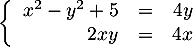 \[\la\begin{array}{rcr}
x^2-y^2+5&=&4y\\
2xy&=&4x
\enar\right.\]