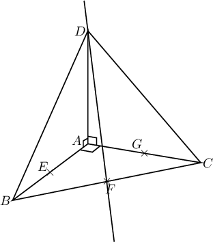 \psset{xunit=1.cm,yunit=1cm}
\begin{pspicture}(-2,-2)(2,2)
\pspolygon(-2,-1.5)(0,0)(3,-.5)
\psline(-0.2,-0.16)(0.12,-0.22)(0.32,-0.06)
\psline(-0.12,-.1)(-0.12,.08)(0,0.15)
\psline(0.23,-0.04)(0.23,0.16)(0,0.2)
\psline(-2,-1.5)(0,3)(0,0)
\psline(0,3)(3,-.5)
\rput(-0.3,0.1){$A$}
\rput(-2.2,-1.5){$B$}
\rput(3.2,-.5){$C$}
\rput(-0.2,3){$D$}
\rput(0.5,-1){$\tm$}\rput(0.6,-1.2){$F$}
\rput(-1,-0.75){$\tm$}\rput(-1.2,-.6){$E$}
\rput(1.5,-0.25){$\tm$}\rput(1.3,0.){$G$}
\psplot{-0.1}{0.7}{-8 x mul 3 add}
\end{pspicture}