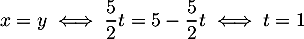 \[x=y \iff \dfrac52t=5-\dfrac52t \iff t=1\]