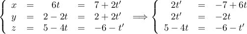 \la\begin{array}{lcccl} x&=&6t&=&7+2t'\\y&=&2-2t&=&2+2t'\\z&=&5-4t&=&-6-t'\enar\right.\Longrightarrow
\la\begin{array}{ccl} 2t'&=&-7+6t\\2t'&=&-2t\\5-4t&=&-6-t'\enar\right.
