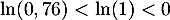 $\ln(0,76)<\ln(1)<0$