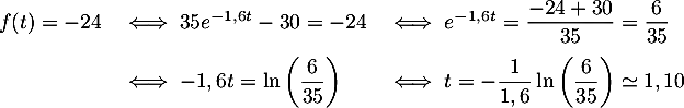 \[\begin{array}{lll}
  f(t)=-24&\iff 35e^{-1,6t}-30=-24
  &\iff e^{-1,6t}=\dfrac{-24+30}{35}=\dfrac{6}{35}\\[1em]
  &\iff -1,6t=\ln\lp\dfrac{6}{35}\right)
  &\iff t=-\dfrac{1}{1,6}\ln\lp\dfrac{6}{35}\rp\simeq 1,10
  \enar\]