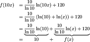 \[\begin{array}{ll}
    f(10x)&=\dfrac{10}{\ln10}\ln(10x)+120\\[.8em]
    &=\dfrac{10}{\ln10}\lp\ln(10)+\ln(x)\rp+120\\[.8em]
    &=\underbrace{\dfrac{10}{\ln10}\ln(10)}+
    \underbrace{\dfrac{10}{\ln10}\ln(x)+120}\\[.8em]
    &=\qquad10\qquad+\qquad f(x)
    \enar\]