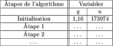 $${|c|*2{|c}|}\hline
        Étapes de l'algorithme&\multicolumn{2}{|c|}{ Variables}\\ \hline
        &$q$& $u$\\ \hline
        Initialisation& 1,16& 173974\\ \hline
        Étape 1 &\ldots & \ldots\\ \hline
        Étape 2 &\ldots&\ldots\\ \hline
        \ldots& \ldots&\ldots\\ \hline
      $$