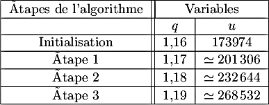 \[\begin{tabular}{|c|*2{|c}|}\hline
    Étapes de l'algorithme&\multicolumn{2}{|c|}{ Variables}\\ \hline
    &$q$& $u$\\ \hline
    Initialisation& 1,16& 173974\\ \hline
    Étape 1 &1,17 & $\simeq201\,306$\\ \hline
    Étape 2 &1,18& $\simeq232\,644$\\ \hline
    Étape 3 &1,19& $\simeq268\,532$\\ \hline
    \end{tabular}\]