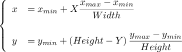 \la\begin{array}{ll}
x&=x_{min}+X\dfrac{x_{max}-x_{min}}{Width}\\[.6cm]
y&=y_{min}+\left( Height-Y\rp\dfrac{y_{max}-y_{min}}{Height}
\enar\right.
