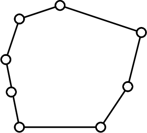 \[\psset{linewidth=1.5pt,fillstyle=solid}
  \begin{pspicture}(-2.2,-2.7)(3.2,2.2)
    \psline(0,2)(-1.5,1.5)(-2,0)(-1.5,-2.5)(1.5,-2.5)(2.5,-1)(3,1)(0,2)    
    \pscircle(0,2){.2}\pscircle(-1.5,1.5){.2}\pscircle(-2,0){.2}\pscircle(-1.8,-1.2){.2}\pscircle(3,1){.2}\pscircle(-1.5,-2.5){.2}\pscircle(2.5,-1){.2}\pscircle(1.5,-2.5){.2}
\end{pspicture}\]