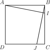 \[\psset{unit=1.2cm}
\begin{pspicture}(-0.5,-0.4)(3,2.9)
  \pspolygon(0,0)(2.5,0)(2.5,2.5)(0,2.5)
  \rput(-0.2,2.7){$A$}\rput(2.7,2.7){$B$}
  \rput(2.7,-0.2){$C$}\rput(-0.2,-0.2){$D$}
  \psline(0,2.5)(2.5,2)\rput(2.7,2){$I$}
  \psline(2,0)(2.5,2.5)\rput(1.9,-0.25){$J$}
\end{pspicture}\]