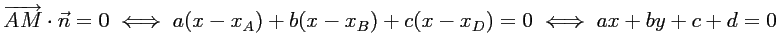 $ \overrightarrow{AM}\cdot\vec{n}=0
\iff
a(x-x_A)+b(x-x_B)+c(x-x_D)=0
\iff
ax+by+c+d=0
$