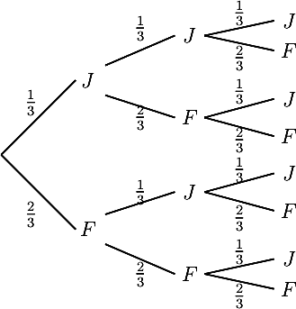 \[\psset{xunit=1cm,yunit=1.5cm}
					\begin{pspicture}(-.2,-2.5)(6.2,1.4)
					\psline(0,0)(1.5,1)\rput(1.75,1){$J$}\rput(.6,.7){$\frac13$}
					\psline(0,0)(1.5,-1)\rput(1.75,-1){$F$}
					\rput(.6,-.8){$\frac23$}%
					\psline(2.1,1.2)(3.5,1.6)\rput(3.8,1.6){$J$}\rput(2.8,1.7){$\frac13$}
					\psline(2.1,.8)(3.5,.5)\rput(3.8,.5){$F$}\rput(2.8,.5){$\frac23$}%
					\psline(2.1,-1.2)(3.5,-1.6)\rput(3.8,-1.6){$F$}\rput(2.8,-1.6){$\frac23$}
					\psline(2.1,-.8)(3.5,-.5)\rput(3.8,-.5){$J$}\rput(2.8,-.5){$\frac13$}%
					\psline(4.1,1.6)(5.5,1.4)\rput(5.8,1.4){$F$}\rput(4.8,1.3){$\frac23$}
					\psline(4.1,1.6)(5.5,1.8)\rput(5.8,1.8){$J$}  \rput(4.8,1.9){$\frac13$}%
					\psline(4.1,.5)(5.5,.75)\rput(5.8,.75){$J$}\rput(4.8,.85){$\frac13$}
					\psline(4.1,.5)(5.5,.25)\rput(5.8,.25){$F$}  \rput(4.8,.2){$\frac23$}%
					\psline(4.1,-.5)(5.5,-.75)\rput(5.8,-.75){$F$}\rput(4.8,-.85){$\frac23$}
					\psline(4.1,-.5)(5.5,-.25)\rput(5.8,-.25){$J$}  \rput(4.8,-.2){$\frac13$}%
					\psline(4.1,-1.6)(5.5,-1.4)\rput(5.8,-1.4){$J$}\rput(4.8,-1.3){$\frac13$}
					\psline(4.1,-1.6)(5.5,-1.8)\rput(5.8,-1.8){$F$}  \rput(4.8,-1.9){$\frac23$}
					\end{pspicture}\]