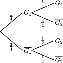 \[\psset{xunit=1.cm,yunit=.8cm}
					\begin{pspicture}(0,-5.)(5,2)
					\psline(0,0)(1.4,1.5)\rput(1.75,1.5){$G_1$}\rput(0.7,1.2){$\frac14$}
					\psline(2,1.5)(3.4,2.25)\rput(3.75,2.25){$G_2$}\rput(2.7,2.2){$\frac14$}
					\psline(2,1.5)(3.4,0.75)\rput(3.75,0.75){$\overline{G_2}$}\rput(2.7,0.7){$\frac34$}
					%
					\psline(0,0)(1.4,-1.5)\rput(1.75,-1.5){$\overline{G_1}$}\rput(0.7,-1.2){$\frac34$}
					\psline(2,-1.5)(3.4,-0.75)\rput(3.75,-0.75){$G_2$}\rput(2.7,-0.7){$\frac12$}
					\psline(2,-1.5)(3.4,-2.25)\rput(3.75,-2.25){$\overline{G_2}$}\rput(2.7,-2.2){$\frac12$}
					\end{pspicture}\]